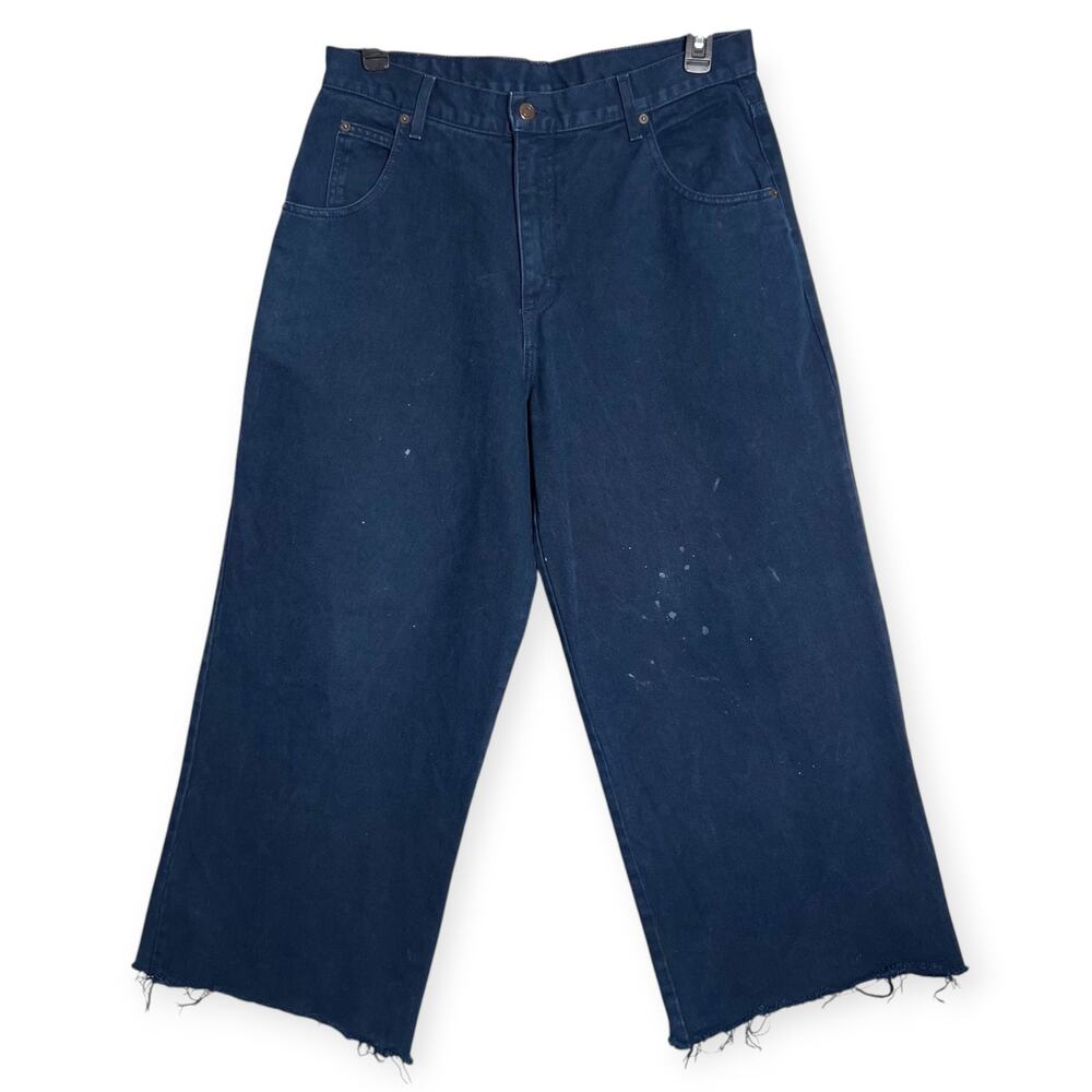 Solo Semore Wide Leg Jeans Indigo Raw Hem Mens 34x27 Vintage Dark Denim USA